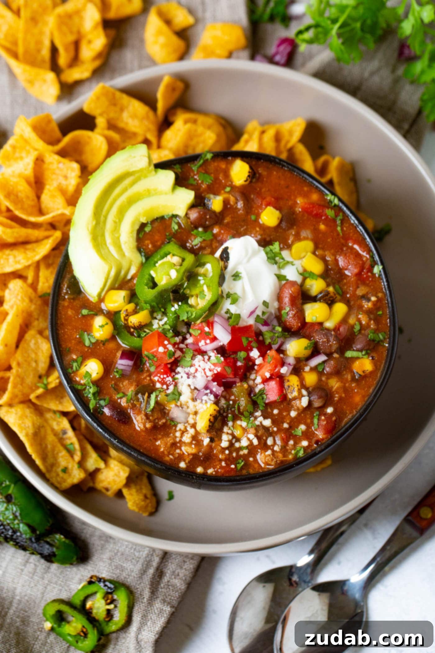 Easy Instant Pot Taco Ground Beef Chili 6 A top-down view of the appetizing Taco Ground Beef Instant Pot Chili, perfectly garnished and ready to be served.