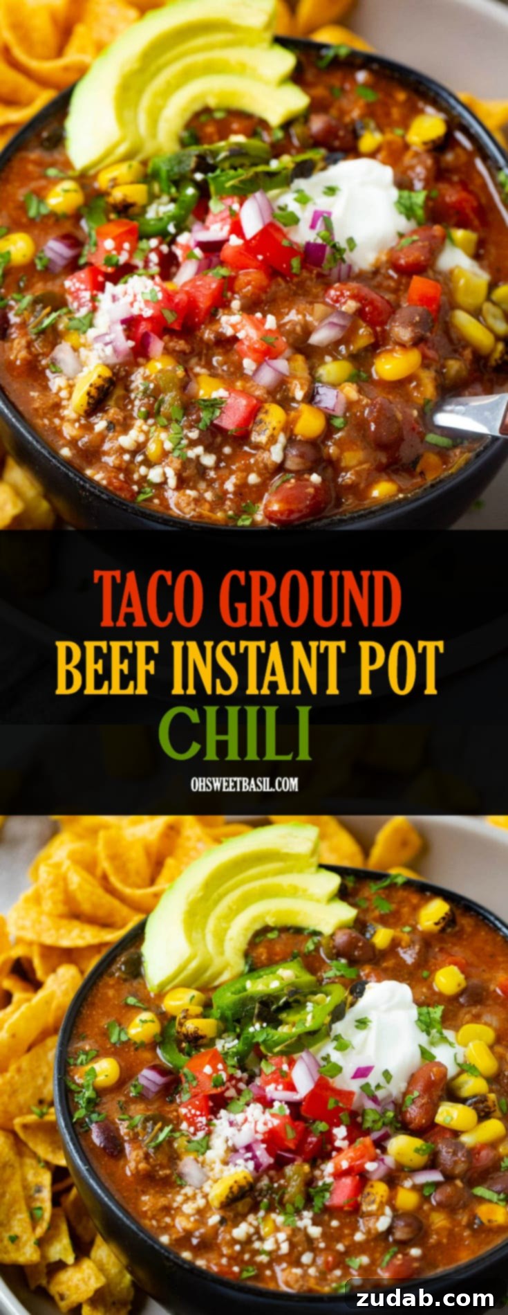 Easy Instant Pot Taco Ground Beef Chili 9 A bowl of Taco Ground Beef Instant Pot Chili, adorned with corn, avocados, and Fritos, resting on a gray plate. Perfect for a cozy meal.