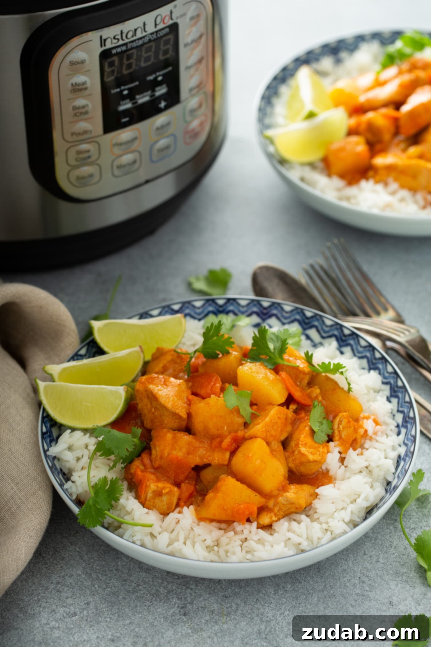 Chicken Curry Recipe in the Instant Pot Two bowls of white rice topped with chicken curry. There are lime wedges on the edge of the bowls and fresh parsley sprinkled on top of the curry. An instant pot is in the background and forks and spoons are next to the curry.