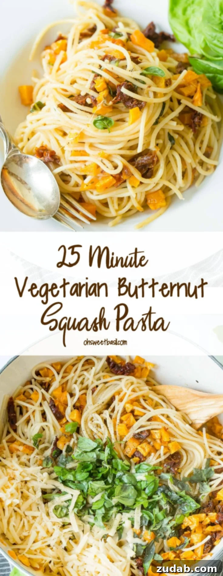 25-Minute Plant-Based Butternut Squash Pasta 2 A photo of a serving of butternut squash pasta in a white bowl with a fork and spoon sitting on the side of the bowl. The vibrant colors of the squash, tomatoes, and basil make the dish incredibly appealing and fresh.