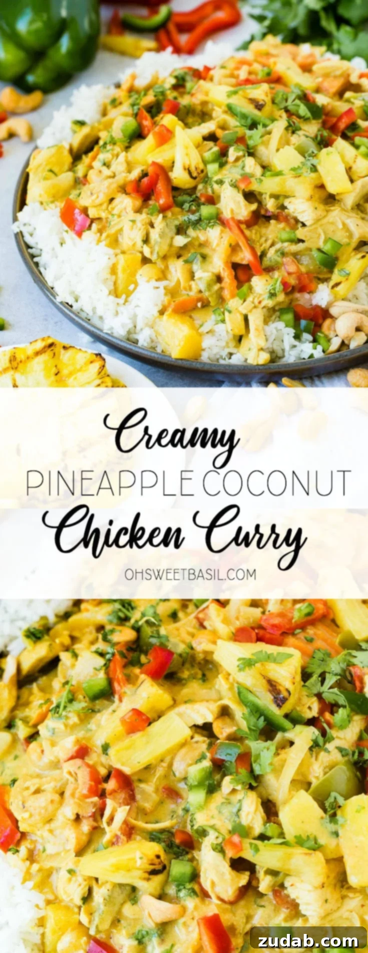 Golden Island Pineapple Coconut Chicken Curry 10 a plate with jasmine white rice piled with a creamy pineapple coconut curry sauce, peppers, onions and cashews with grilled pineapple