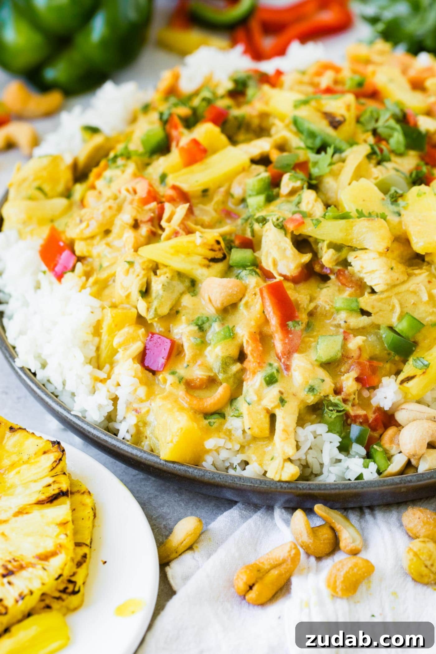 Golden Island Pineapple Coconut Chicken Curry 7 a plate with jasmine white rice piled with a creamy pineapple coconut curry sauce, peppers, onions and cashews with grilled pineapple