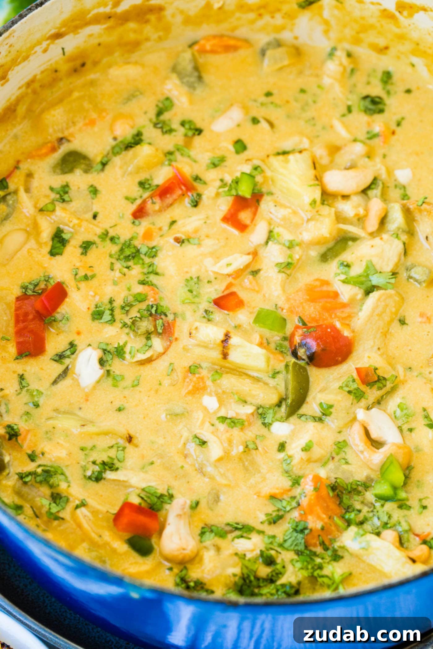 Golden Island Pineapple Coconut Chicken Curry 8 a dutch oven of creamy pineapple coconut chicken curry with peppers, onions and cashews