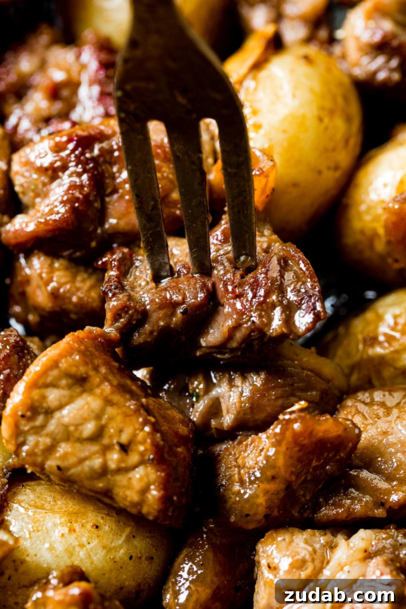 One Skillet Smoky Steak and Potatoes A close-up photo of a fork in a perfectly seared piece of steak, surrounded by smoky potatoes in a rustic dish.