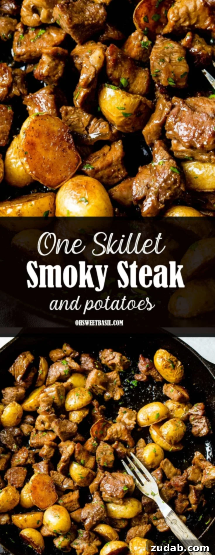 Single Skillet Smoky Steak and Crispy Potatoes 2 A vibrant photo of a cast iron skillet filled with golden halved potatoes and beautifully seared steak, bathed in a warm, inviting light, ready to be served for dinner.