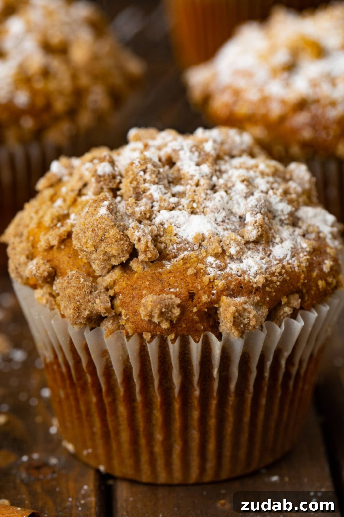Irresistible Costco Style Pumpkin Streusel Muffins 2 A large, fluffy pumpkin streusel muffin dusted with powdered sugar, ready to be enjoyed.