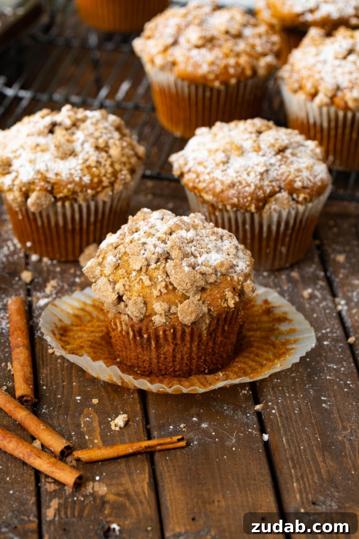 Irresistible Costco Style Pumpkin Streusel Muffins 5 A beautifully arranged stack of jumbo pumpkin streusel muffins, highlighting the abundant crumb topping.