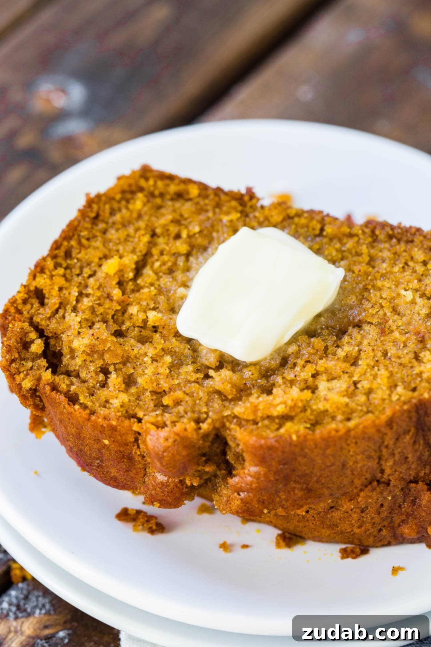 Fluffy Pumpkin Bread Recipe A platter holds a generously sliced loaf of moist pumpkin bread, garnished with a light dusting of powdered sugar.