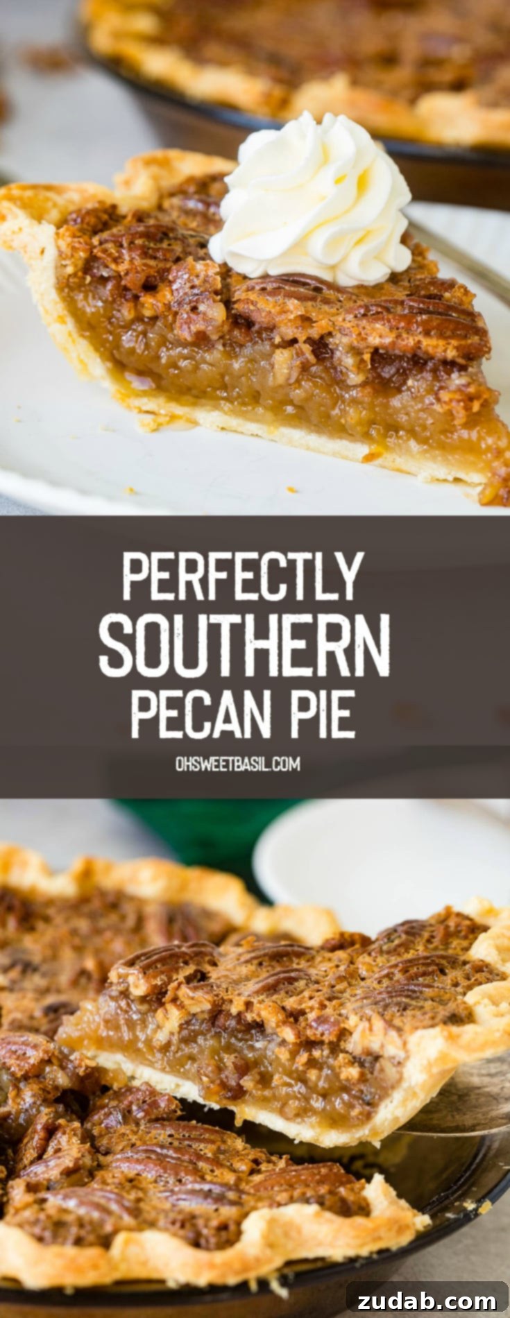 A photo of a slice of pecan pie sitting on a white place with a dollop of whipped cream on top.