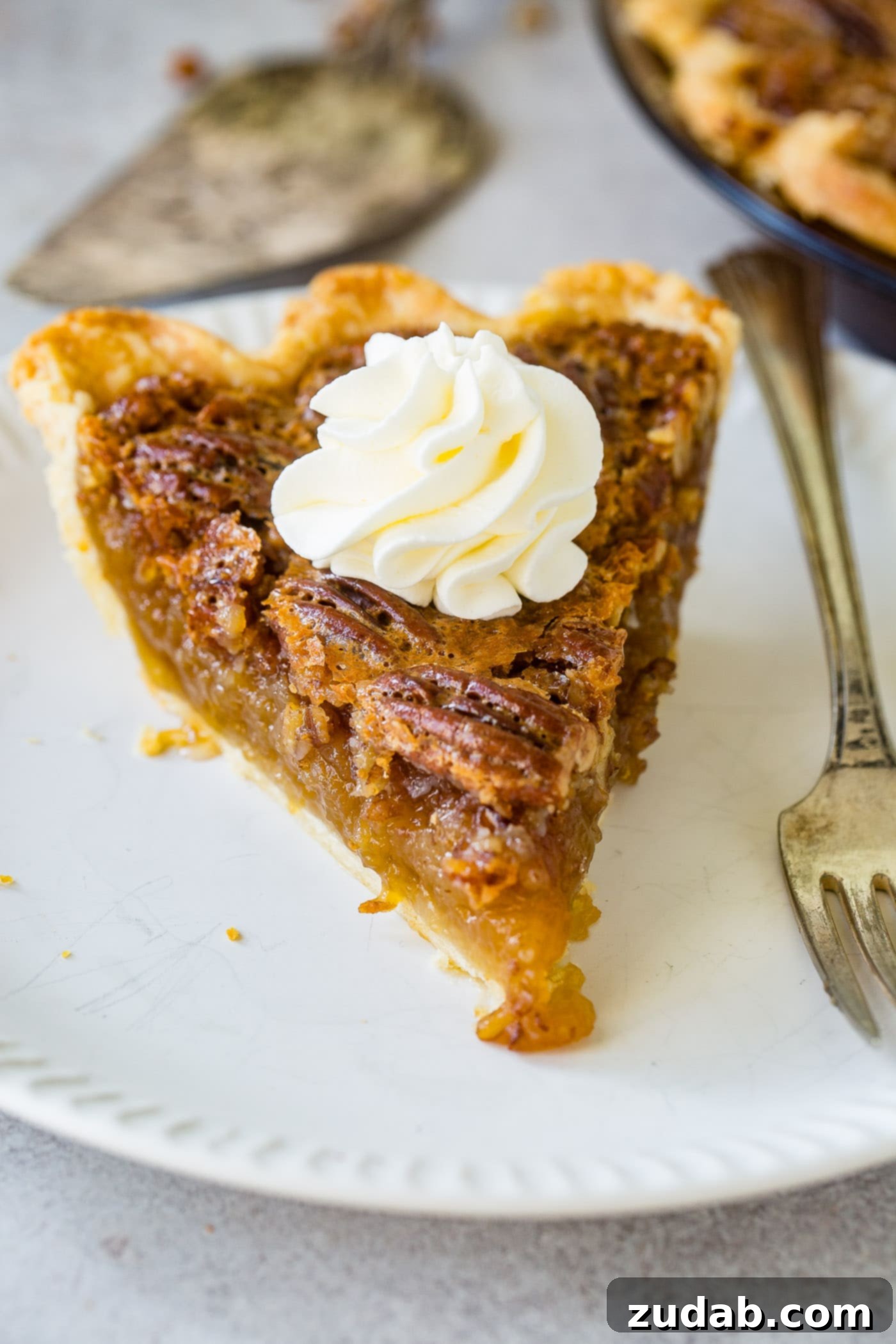 A photo of a slice of pecan pie on a white plate with a fork sitting next to it.