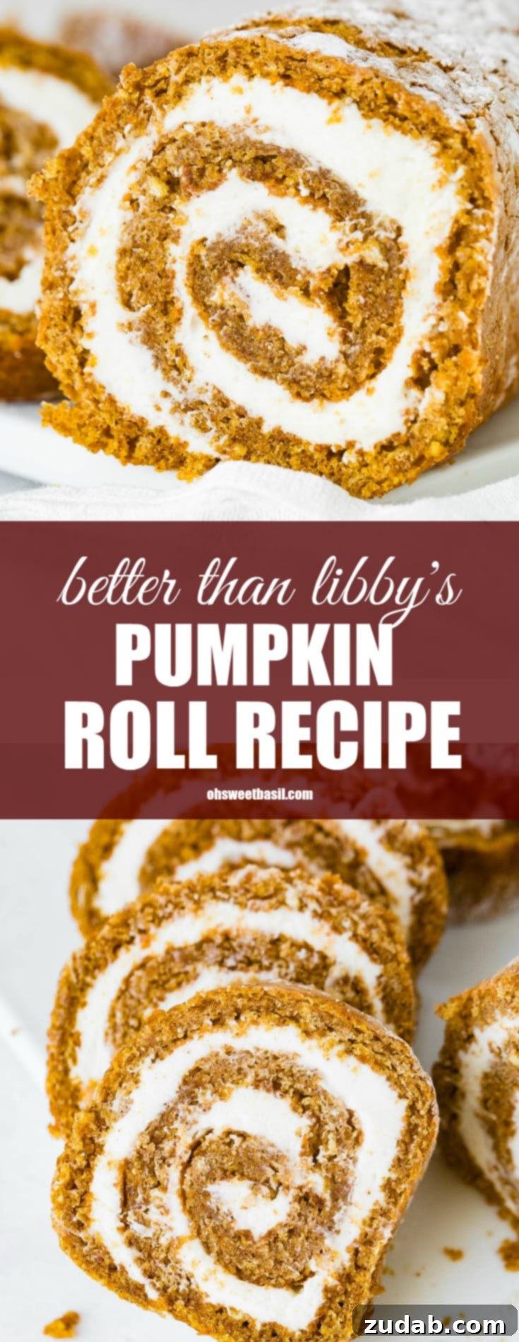 Your New Favorite Pumpkin Roll Recipe 3 A photo of several slices of pumpkin roll with cream cheese frosting, presented beautifully on a white platter.