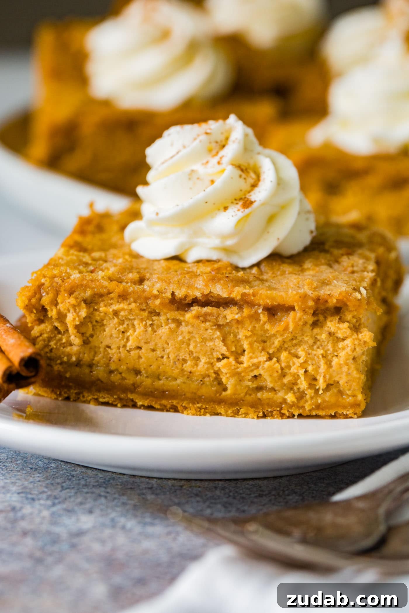 Zesty Gingersnap Pumpkin Cheesecake Delights 2 A beautifully sliced Gingersnap Pumpkin Cheesecake Bar on a white plate, garnished with a swirl of whipped cream and cinnamon sticks, highlighting its three distinct layers.