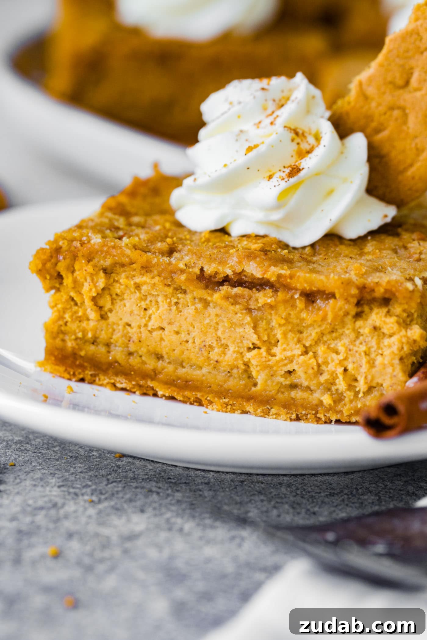 Zesty Gingersnap Pumpkin Cheesecake Delights 3 A stunning close-up of two Gingersnap Pumpkin Cheesecake Bars, artfully plated with cinnamon sticks, showcasing their intricate layers and creamy texture. Ideal for holiday dessert inspiration.