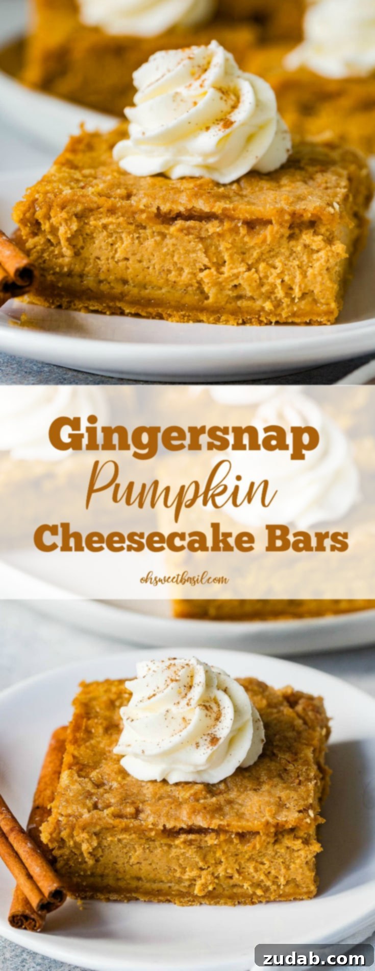 Zesty Gingersnap Pumpkin Cheesecake Delights 8 A close-up shot of a single Gingersnap Pumpkin Cheesecake Bar on a white plate, adorned with piped whipped cream and delicate cinnamon sticks, highlighting its rich, inviting texture.