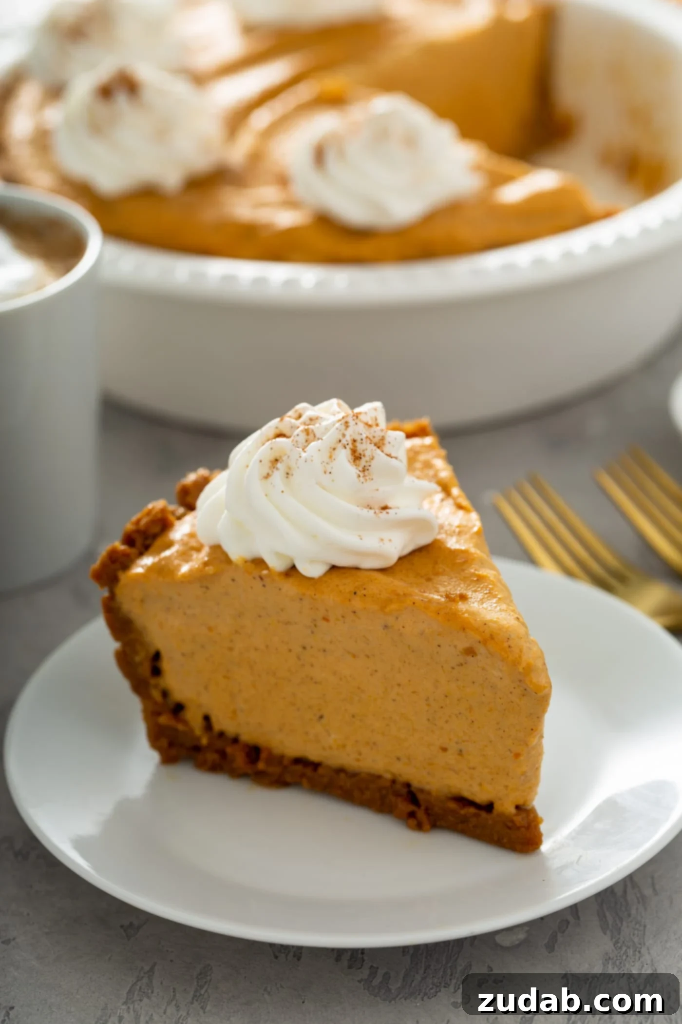 A slice of creamy pumpkin ice cream pie on a white dessert plate, adorned with a dollop of whipped cream and a sprinkle of cinnamon. Two forks rest beside the plate, with the rest of the pie elegantly presented in a pie dish in the background.
