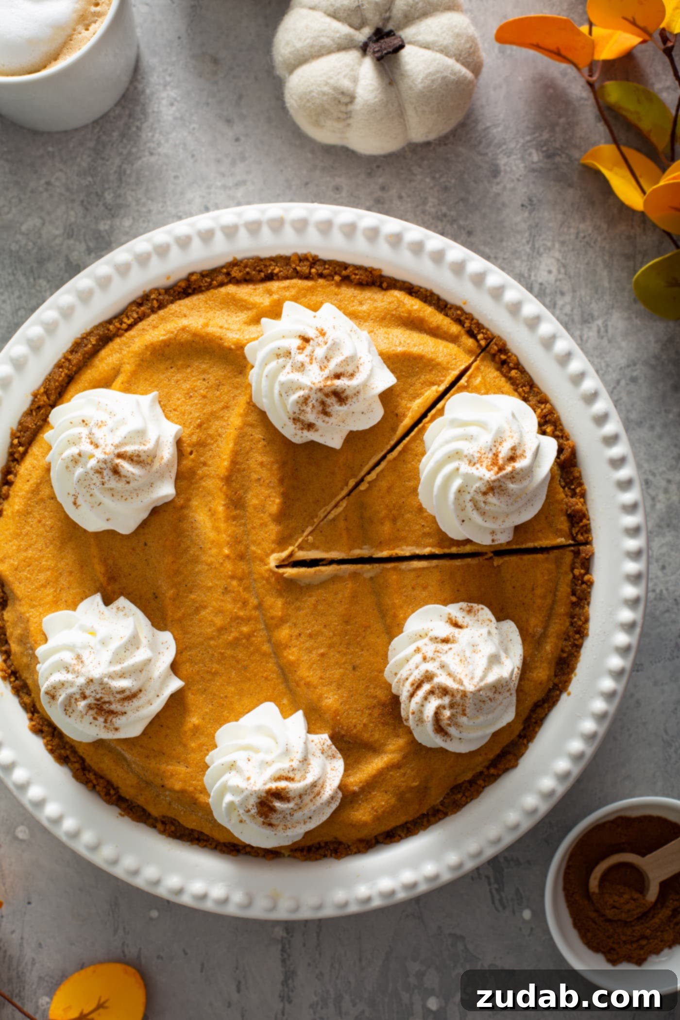 A whole pumpkin ice cream pie is elegantly presented in a white pie dish, topped with dollops of whipped cream and a sprinkle of cinnamon. A piece has been cut but not yet removed, hinting at its deliciousness. In the background, a small bowl of cinnamon, a tiny white pumpkin, and a cozy mug of hot cocoa create a perfect autumnal setting.