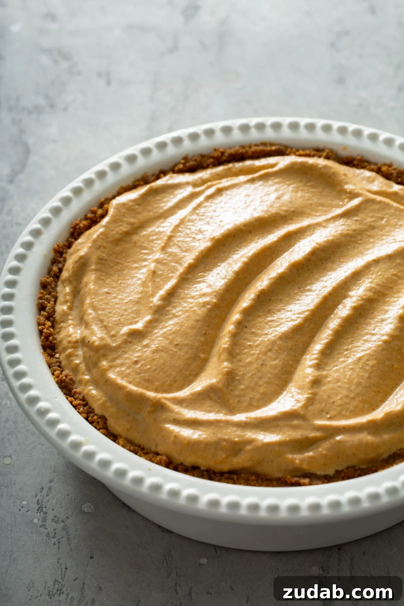 A whole pumpkin ice cream pie fills a white pie dish, its surface smooth and inviting, hinting at the creamy delight within.