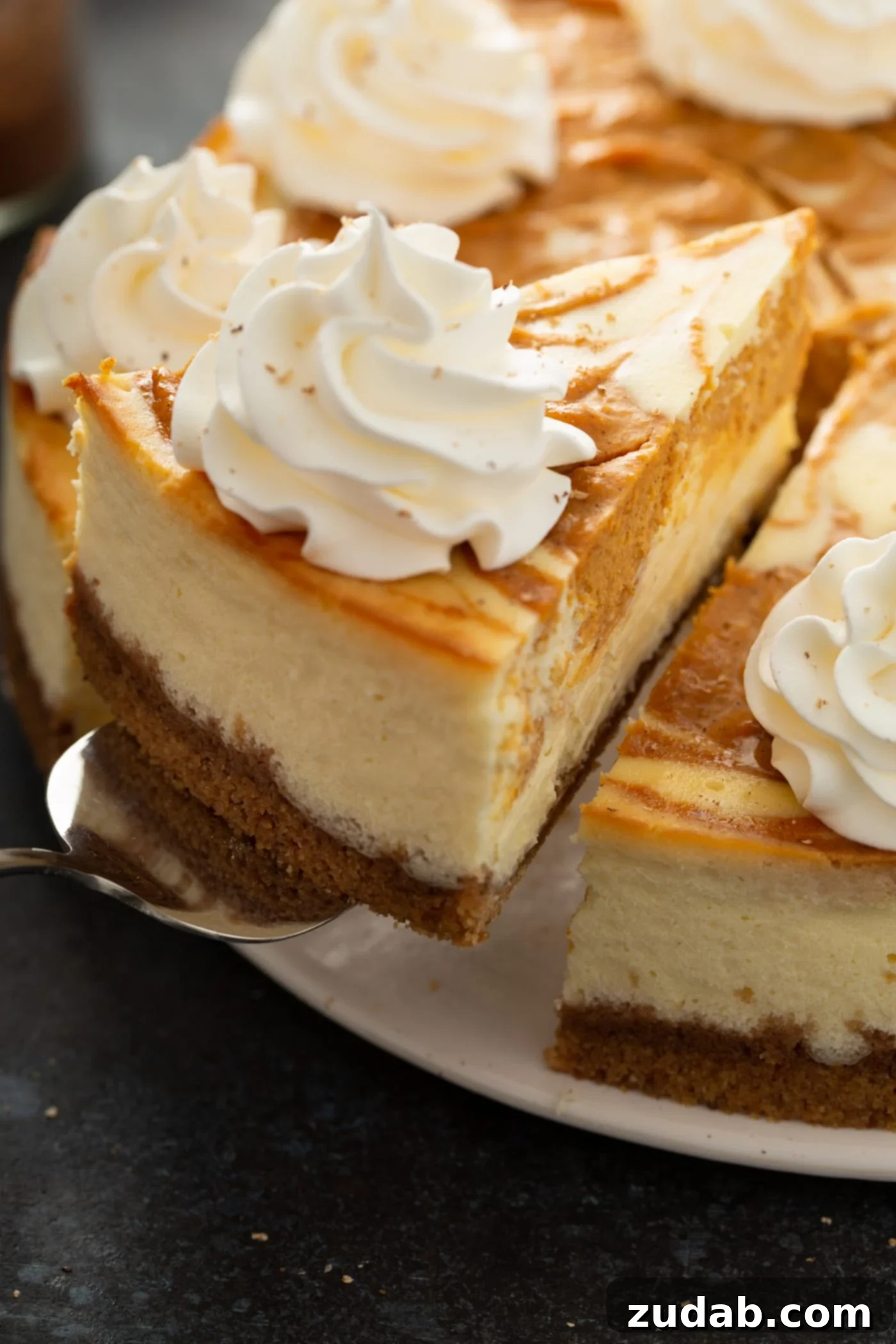 Swirled Pumpkin Cheesecake A server lifts a perfect slice of swirled pumpkin cheesecake from the whole dessert, showcasing its crisp graham cracker crust and the beautiful, inviting pumpkin filling swirled within the creamy cheesecake. A fluffy dollop of whipped cream crowns the slice.