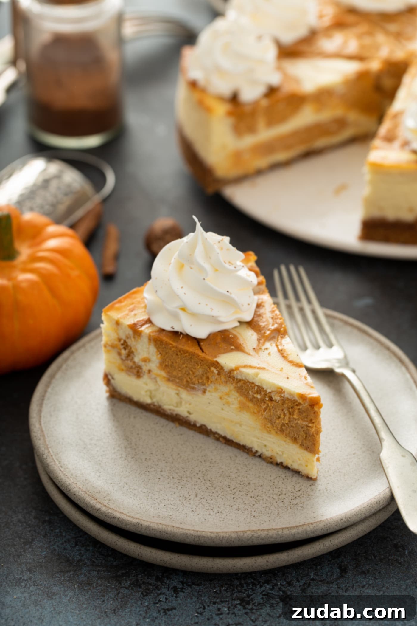 Swirled Pumpkin Cheesecake A beautifully composed dessert plate holds a slice of swirled pumpkin cheesecake and a fork. In the soft-focus background, the remaining cheesecake and a charming small pumpkin contribute to a warm, inviting autumn aesthetic.