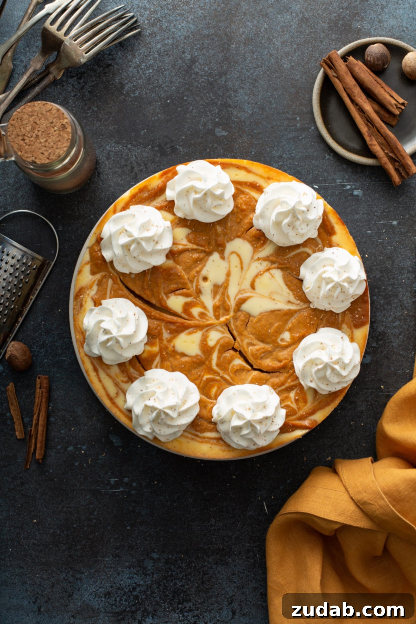Swirled Pumpkin Cheesecake A stunning whole swirled pumpkin cheesecake, beautifully topped with delicate dollops of freshly whipped cream, ready to be served.