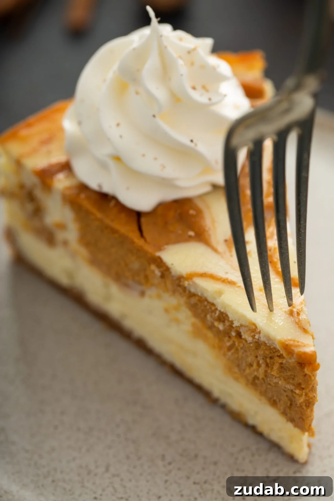 Swirled Pumpkin Cheesecake A close-up shot of a single slice of swirled pumpkin cheesecake, beautifully topped with a fluffy dollop of whipped cream, with a fork poised to take a bite, highlighting its creamy texture.