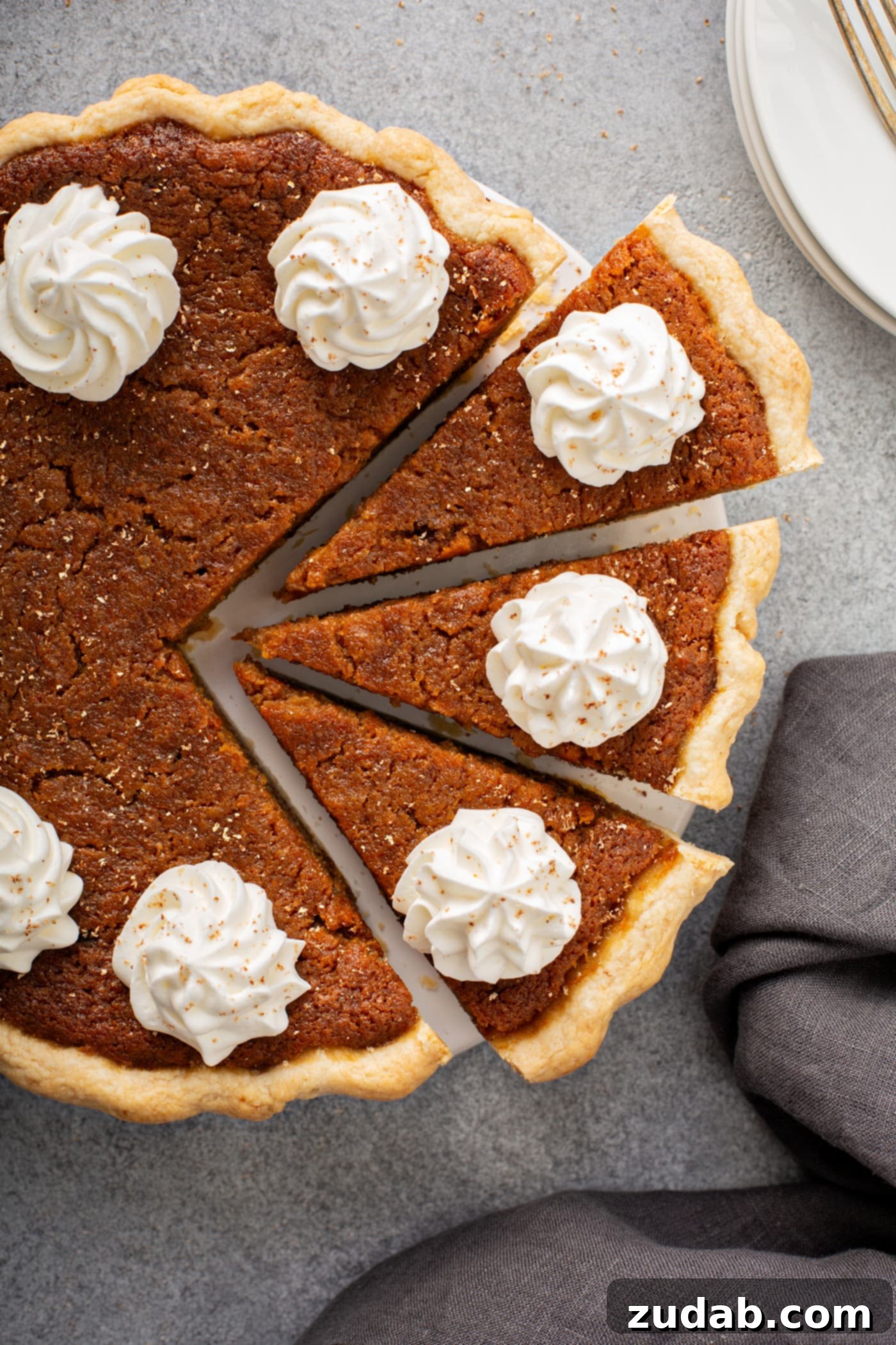 Perfectly Southern Sweet Potato Pie A photo of a whole sweet potato pie with dollops of whipped cream on top and three slices pulled out from the whole pie.