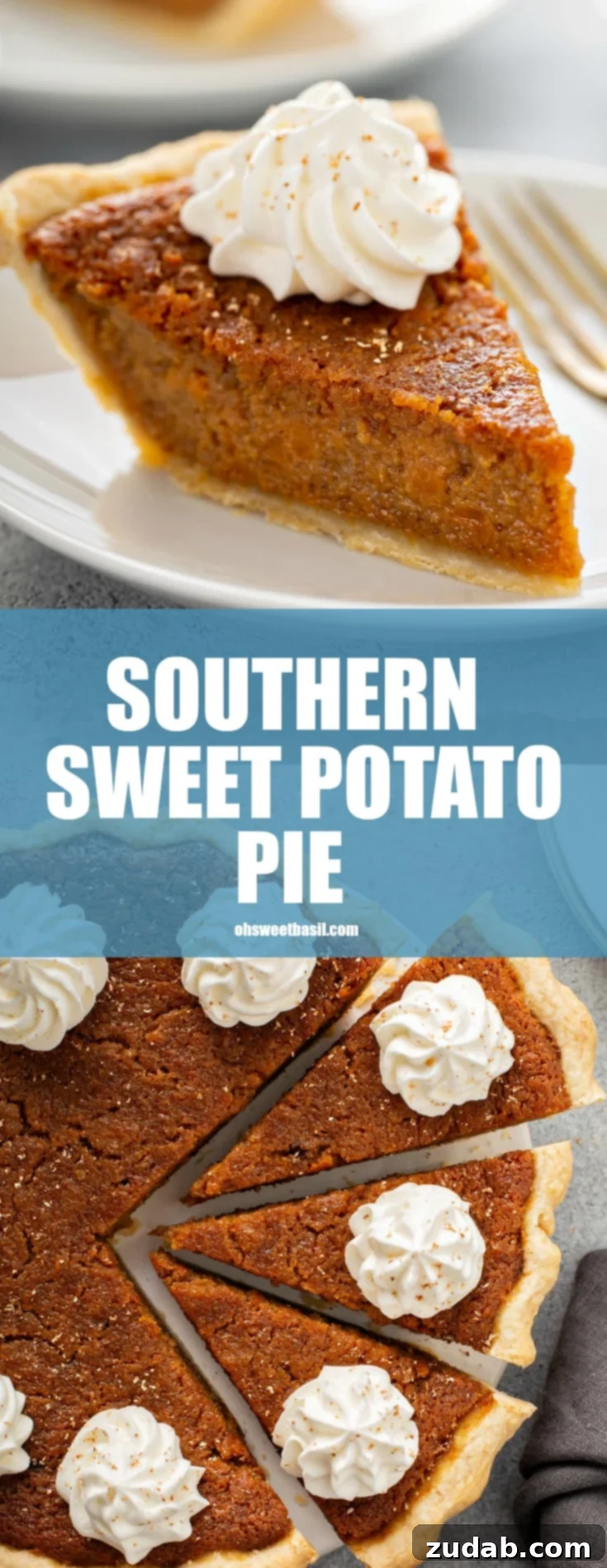 Southern Sweet Potato Pie Perfection 2 A photo of a slice of sweet potato pie with a dollop of whipped cream on top sitting on a white plate.