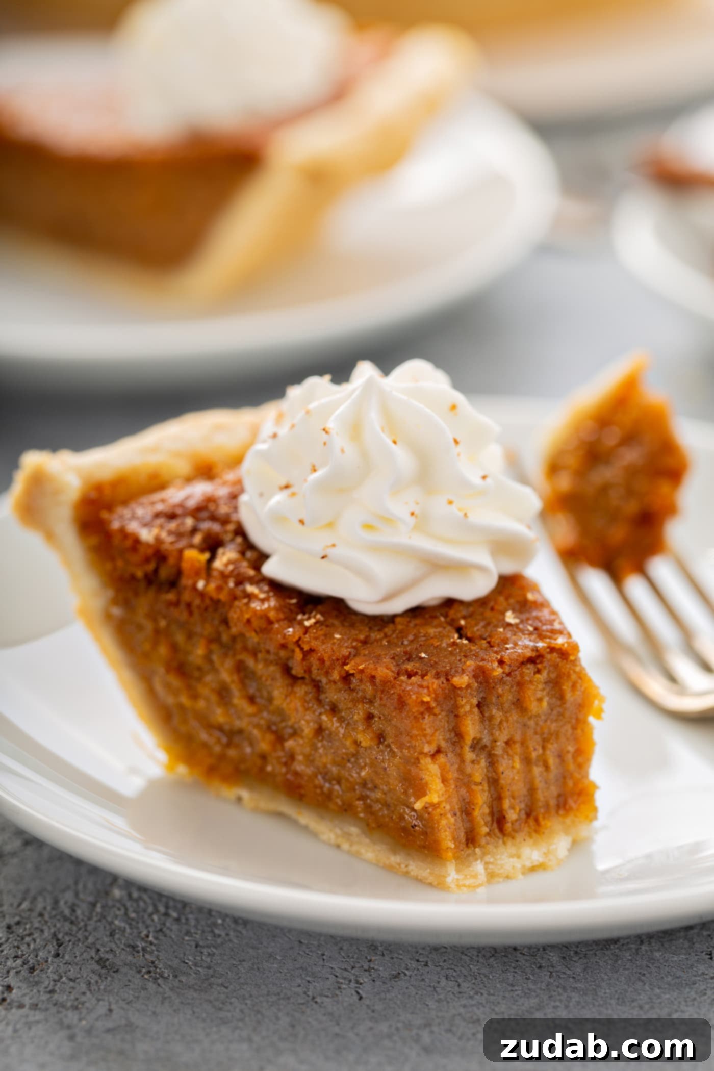Perfectly Southern Sweet Potato Pie A photo of a bite of sweet potato pie being removed from a slice with a fork.