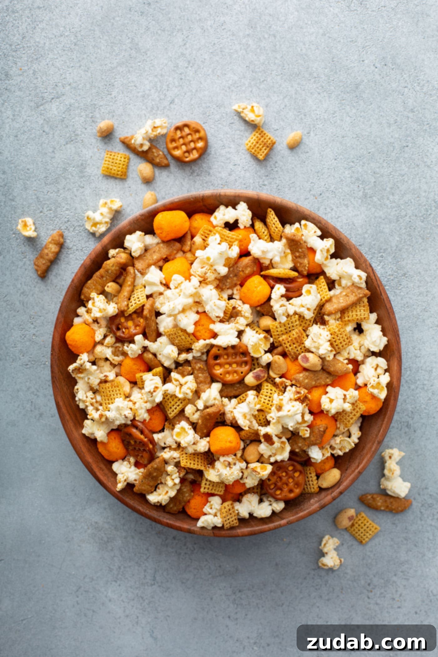 March Madness Snack Mix A bowl of March Madness snack mix. It contains popcorn, peanuts, cheese balls, pretzels, chex and sesame sticks.