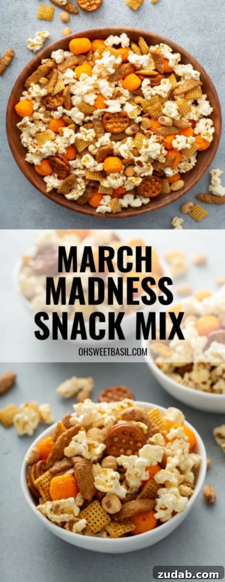 Slam Dunk Snack Mix 3 A bowl of March Madness snack mix. It contains popcorn, peanuts, cheese balls, pretzels, chex and sesame sticks.