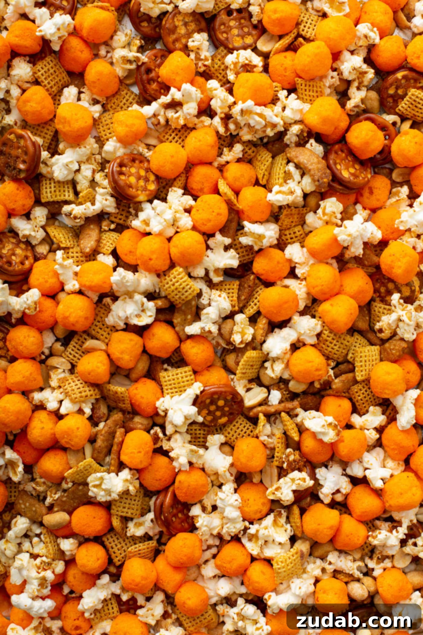 March Madness Snack Mix A close up of March madness snack mix. There are cheese balls, pretzels, sesame sticks, chex and popcorn mixed together in butter and spices.