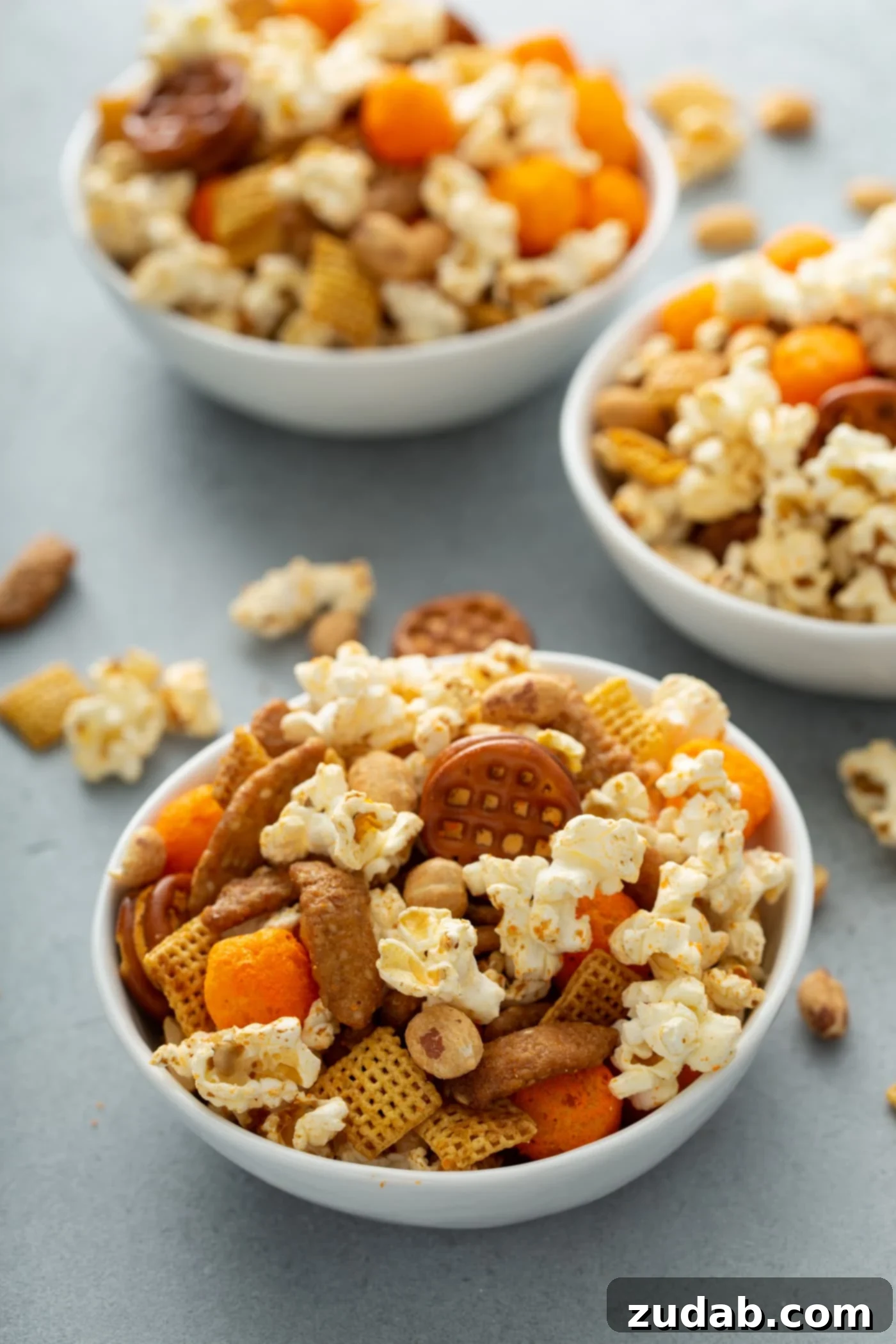 March Madness Snack Mix Three bowls of March madness snack mix. It contains popcorn, peanuts, chex, pretzels and sesame sticks.