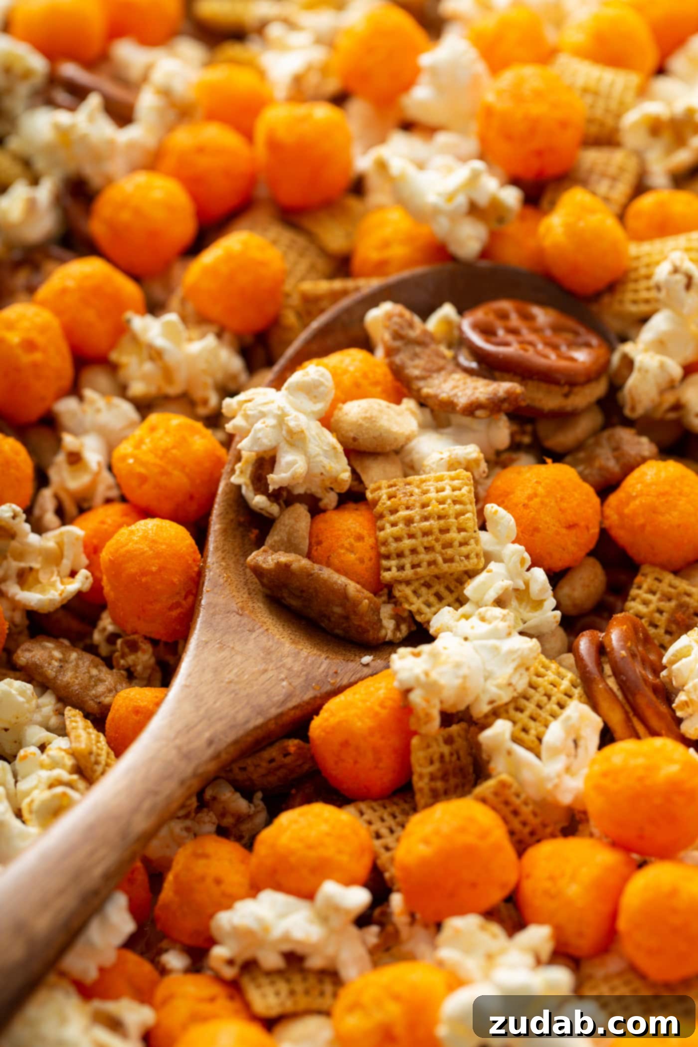 March Madness Snack Mix A wooden spoon dipping a big scoop of March madness snack mix. There is popcorn, cheese balls, chex and pretzels in the mix.