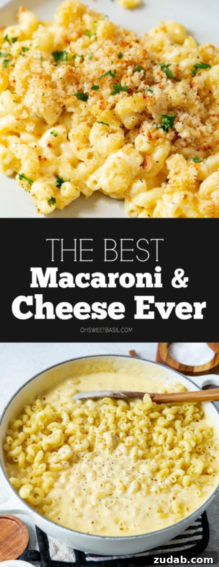 Macaroni and Cheese Perfection 3 A serving of the best macaroni and cheese on a dinner plate, featuring a perfectly golden-brown topping. Forks and a pepper grinder are subtly blurred in the background.