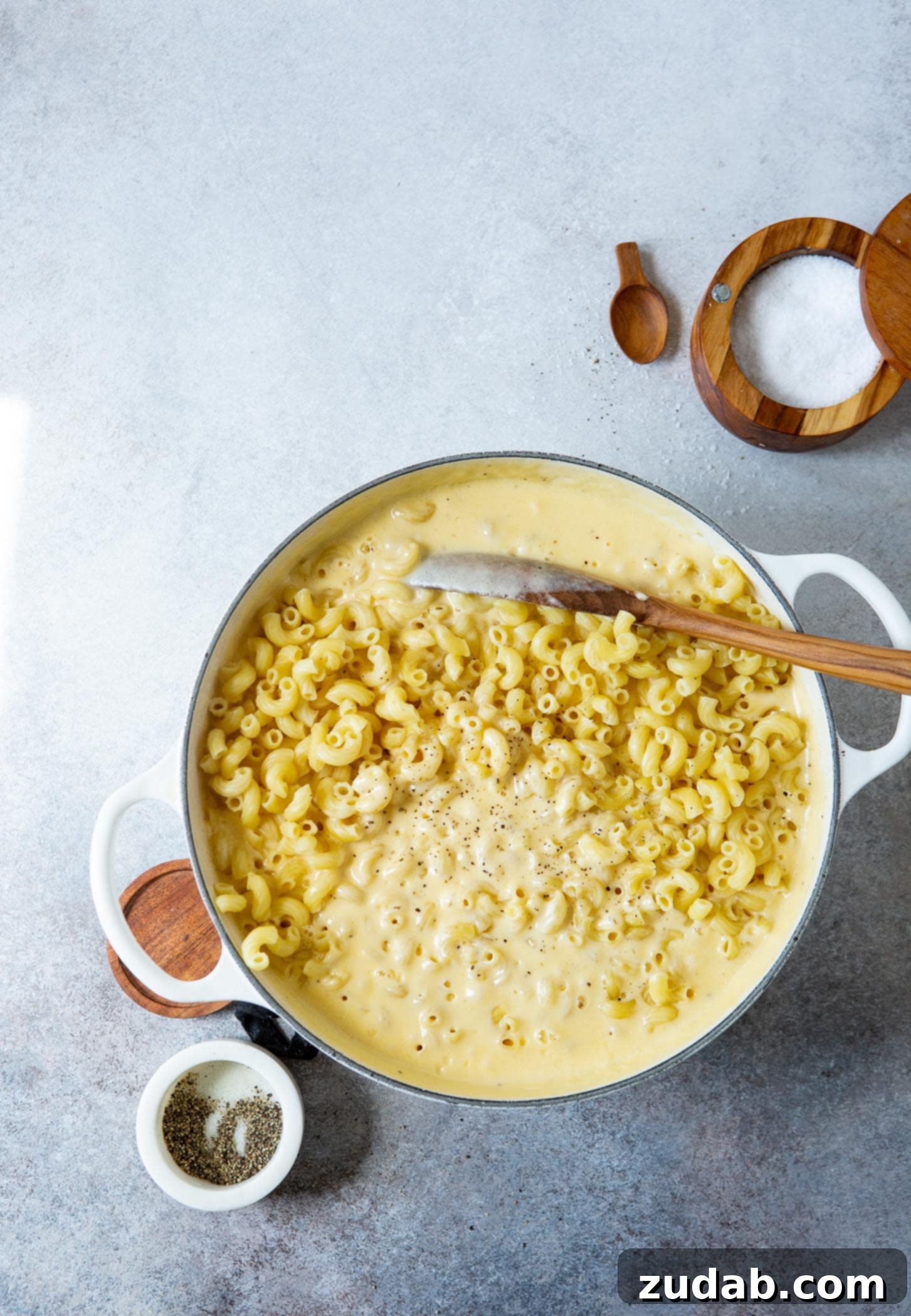 Best Macaroni and Cheese Ever A large pan filled with macaroni and a rich, creamy cheese sauce, with a wooden spoon resting inside. A container of salt is visible in the background.