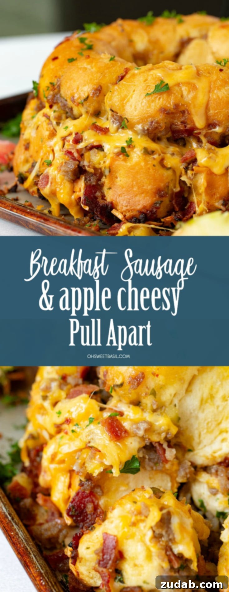 Cheesy Apple Sausage Tear-and-Share 3 An enticing top-down view of the Breakfast Cheesy Pull Apart Bread, freshly baked and served on a rustic platter. It's glistening with melted cheese, and you can see abundant pieces of sausage, bacon, and apples peeking through the golden bread.
