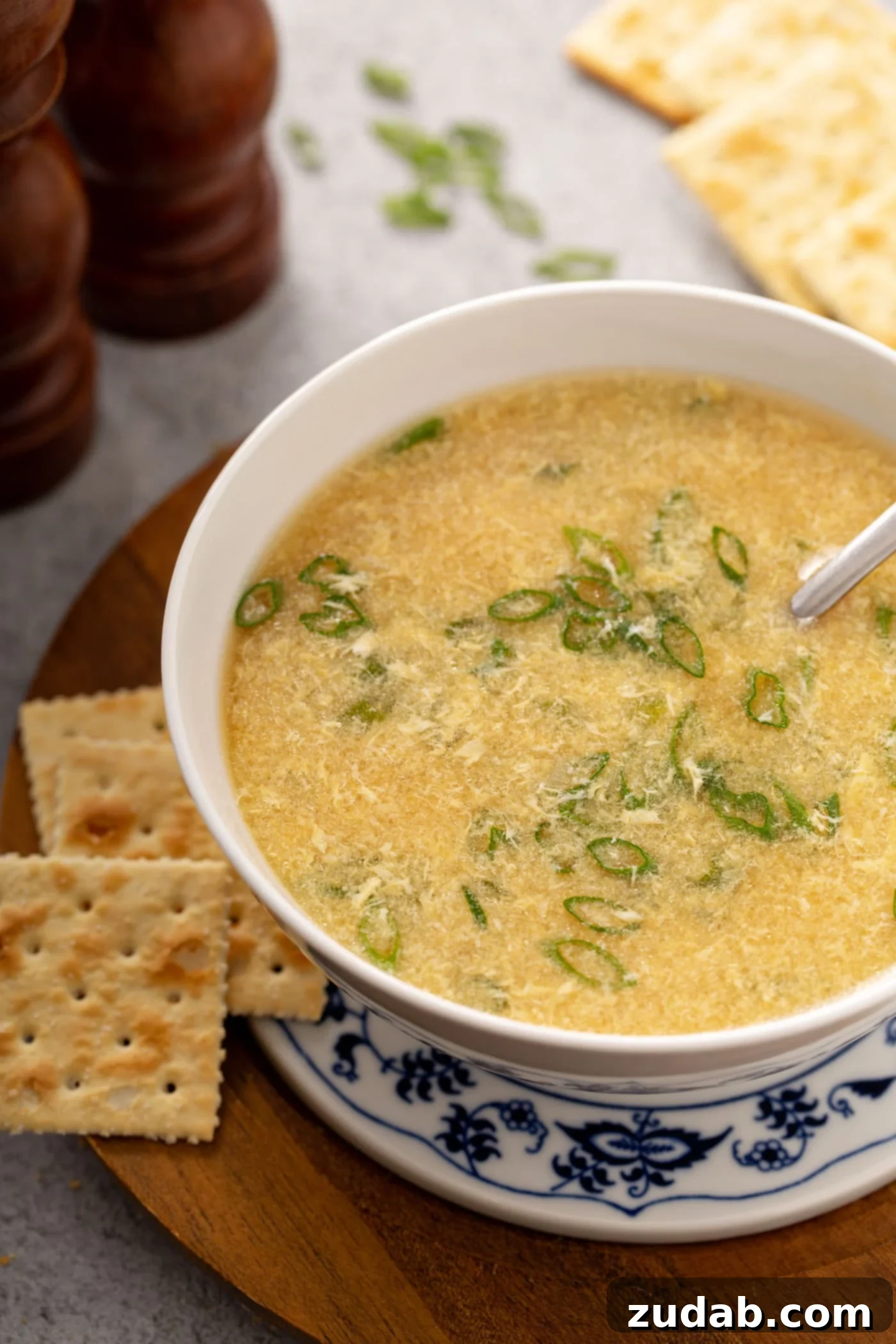Easy Egg Drop Soup A bowl of egg drop soup with slices of green onion in the soup. Saltine crackers are beside the soup and a salt and peppers shaker is in the background.
