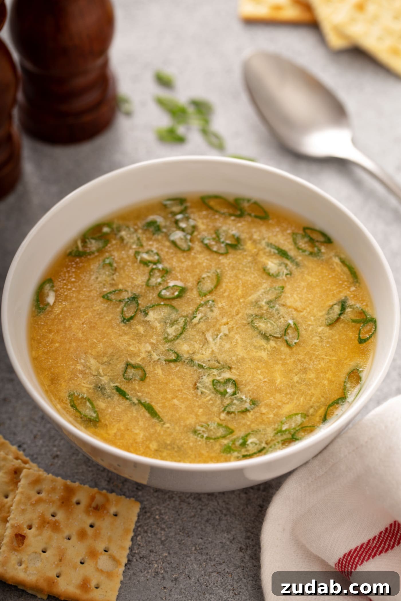 Easy Egg Drop Soup A large bowl of egg drop soup. You can see bits of egg and sliced green onion in the soup and a spoon and slices of green onion beside wooden salt and pepper shakers and saltine crakcers next to the bowl.