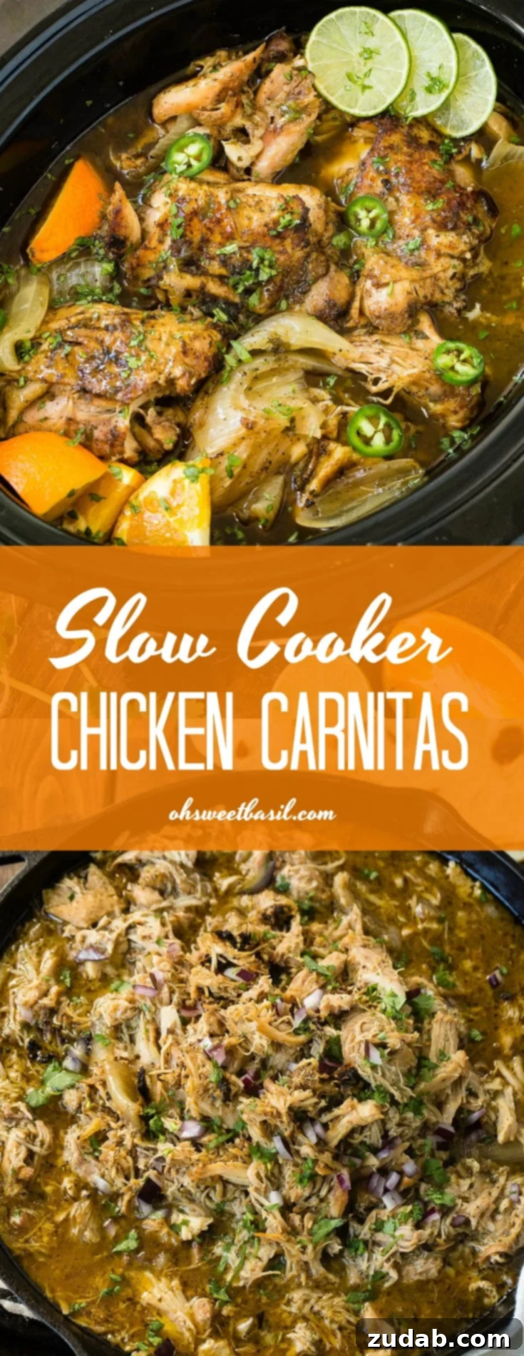 Tender Slow Cooker Chicken Carnitas 2 A photo of juicy crispy chicken carnitas in a cast iron skillet garnished with chopped cilantro and diced red onion.