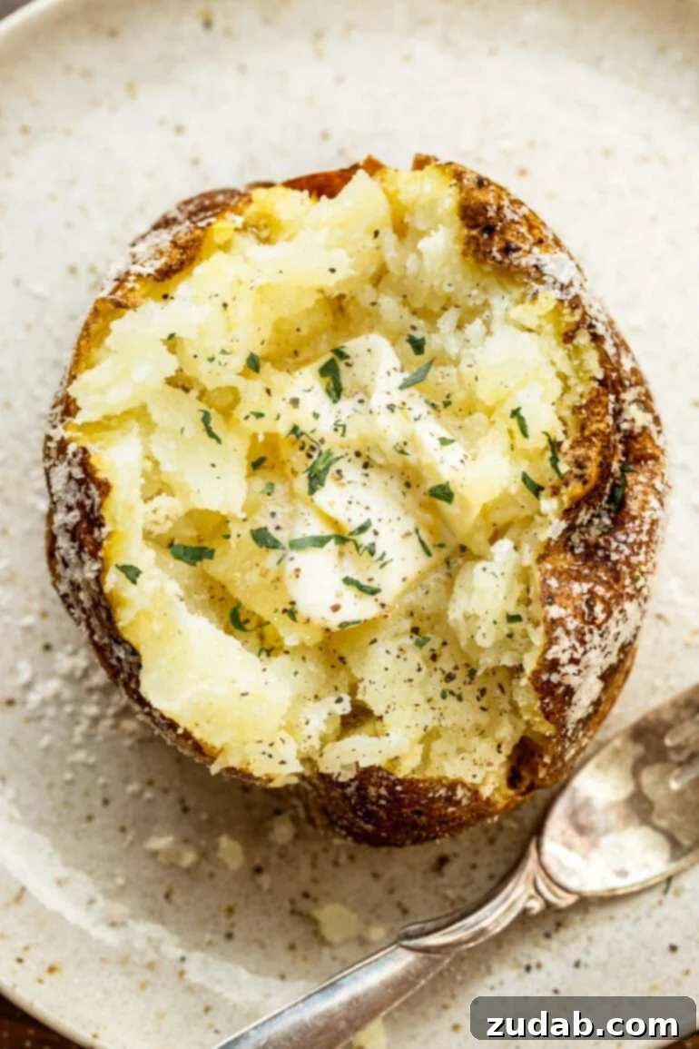 a photo of a baked potato that has been split open and squished up topped with melting butter and a sprinkle of fresh herbs