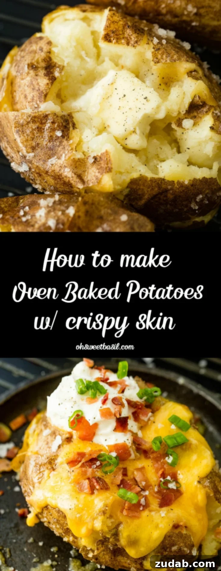 a baked potato with melting butter, salt and pepper and another loaded baked potato with toppings