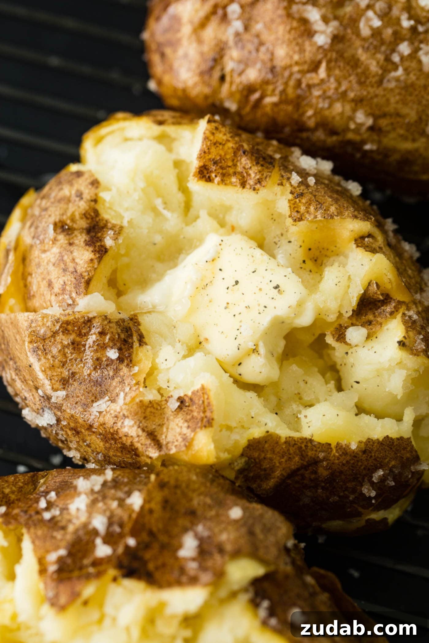 a baked potato with melting butter, salt and pepper