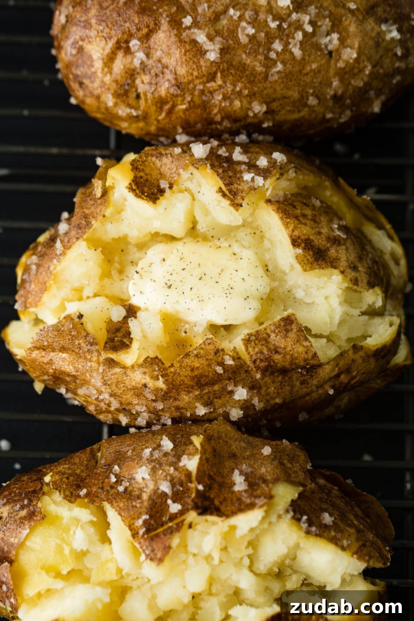 a baked potato with melting butter, salt and pepper