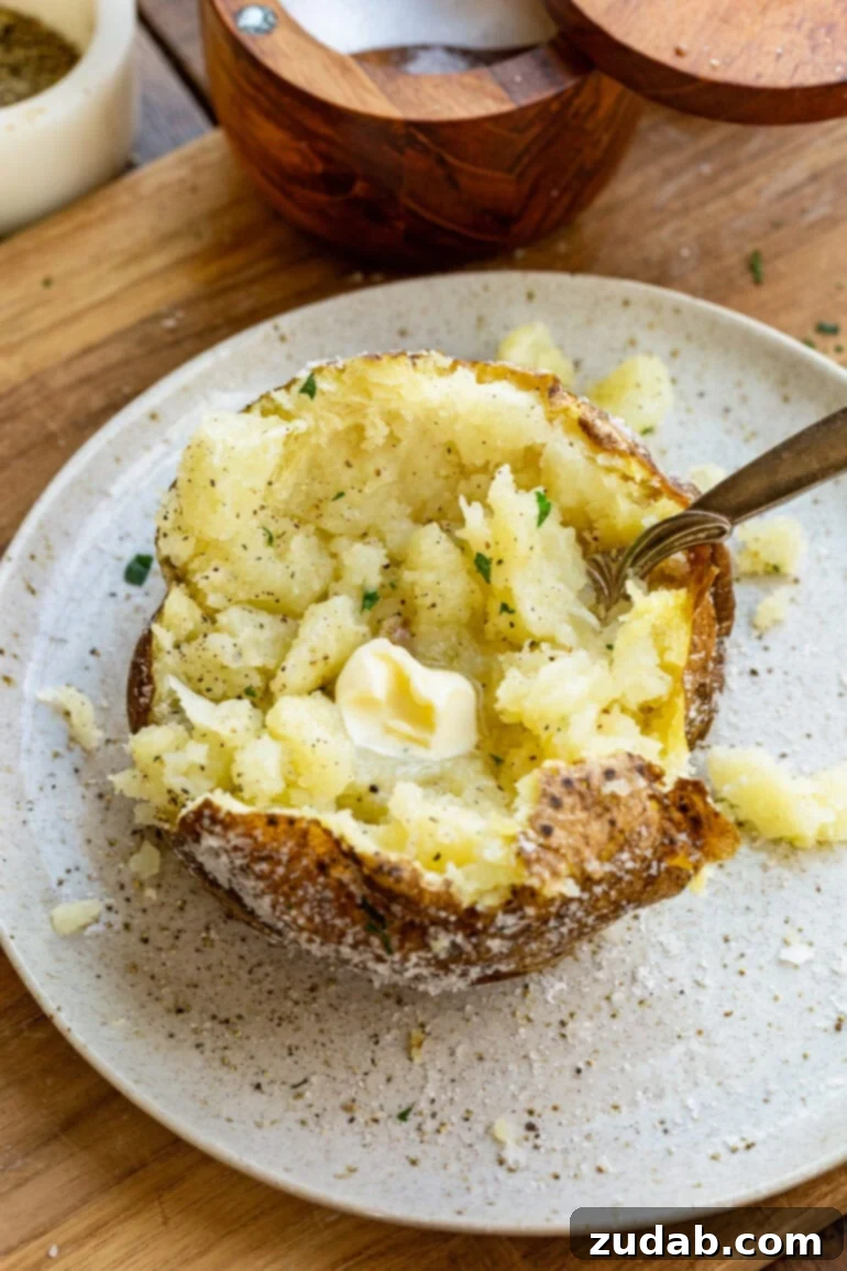 a photo of a baked potato sliced open and squished with a fork sticking into it and a pat of butter melting into it