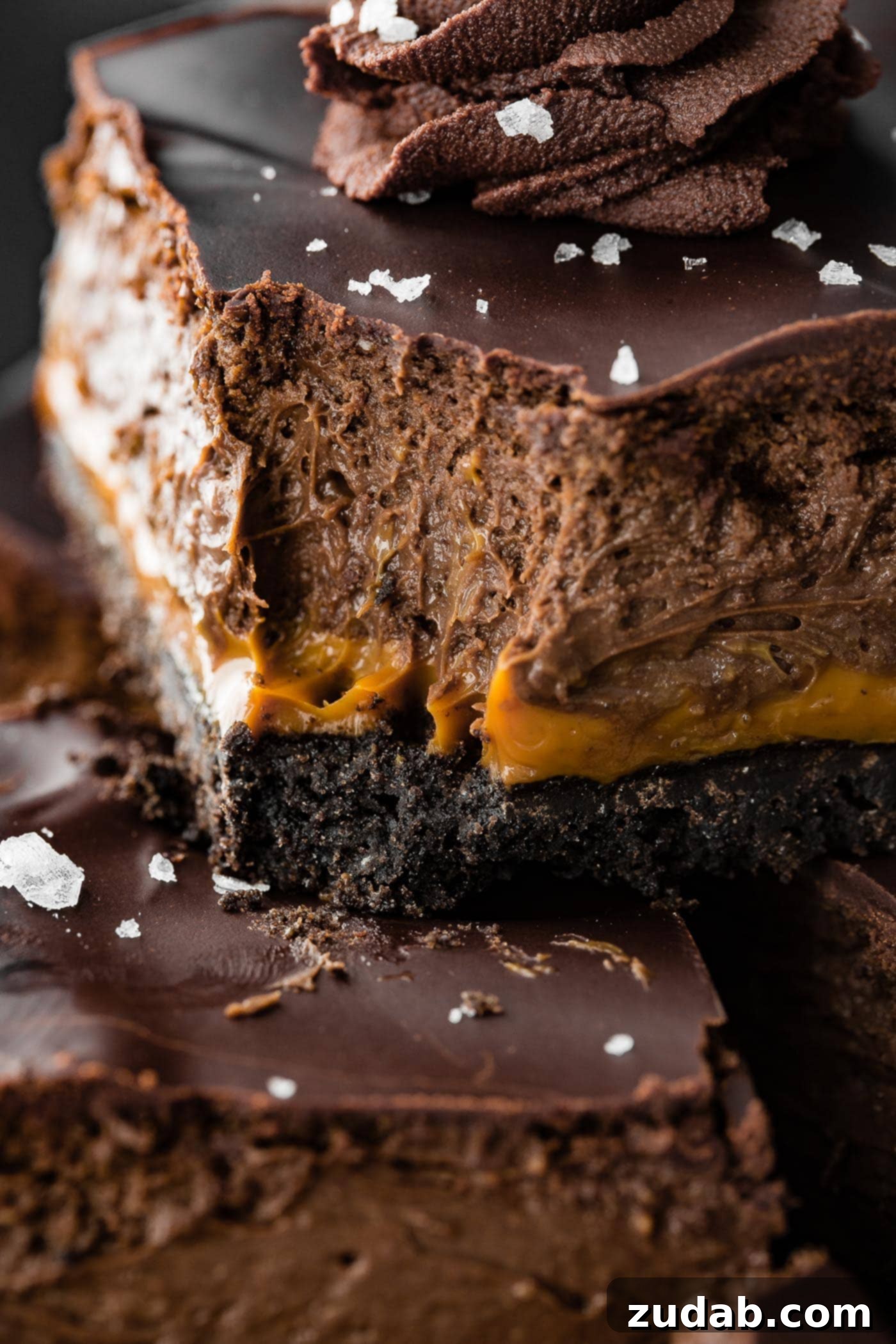 Decadent Dulce de Leche Chocolate Cheesecake Squares 2 a close up image of layered cocoa cream cheese dessert with a bite taken out