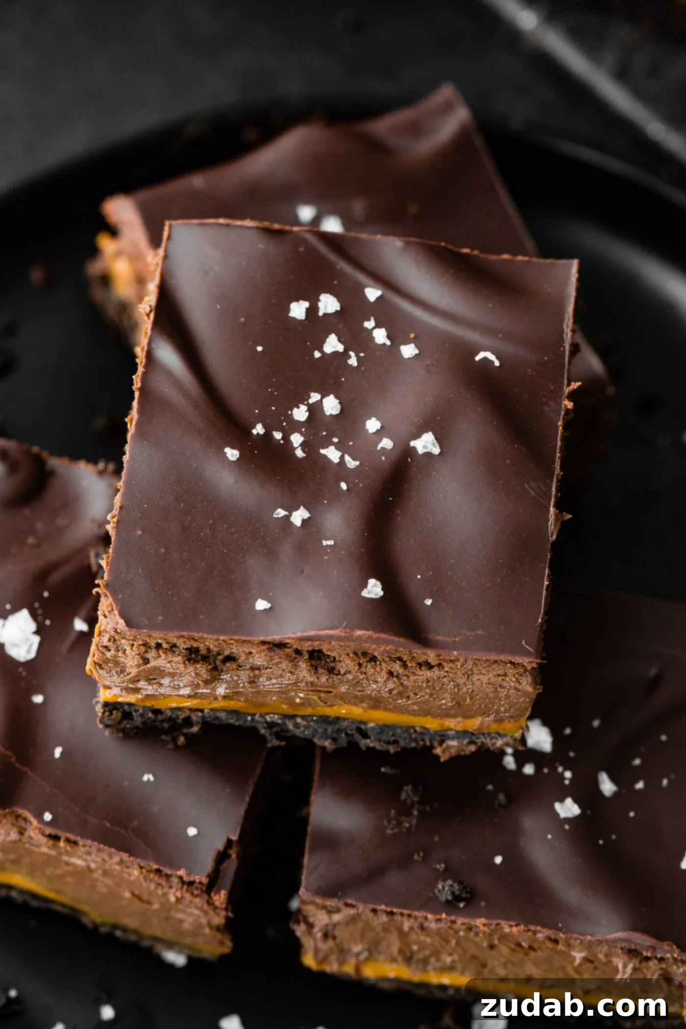 Decadent Dulce de Leche Chocolate Cheesecake Squares 5 a top view of a layered decadent dessert bar with a hardened chocolate topping and flaky salt
