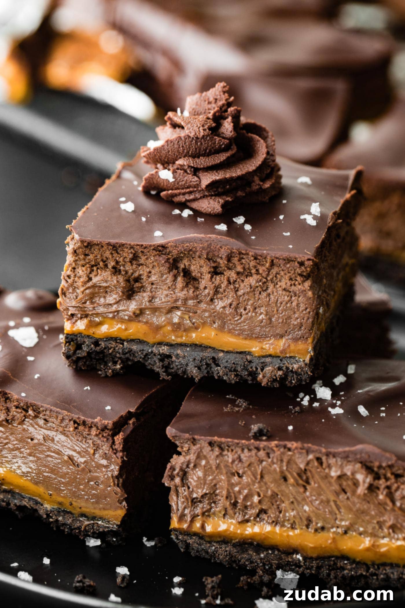 Decadent Dulce de Leche Chocolate Cheesecake Squares 6 a close up side profile of three creamy, rich, and dense chocolate cheesecake bars with flaky salt