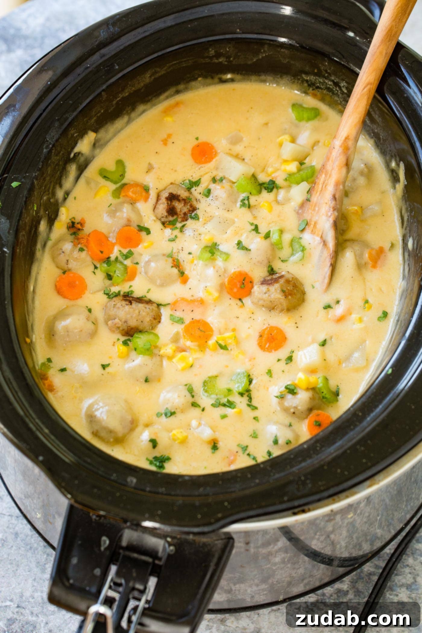 A slow cooker filled with creamy, cheesy meatball soup, featuring visible carrots, potatoes, and celery, ready to be served.