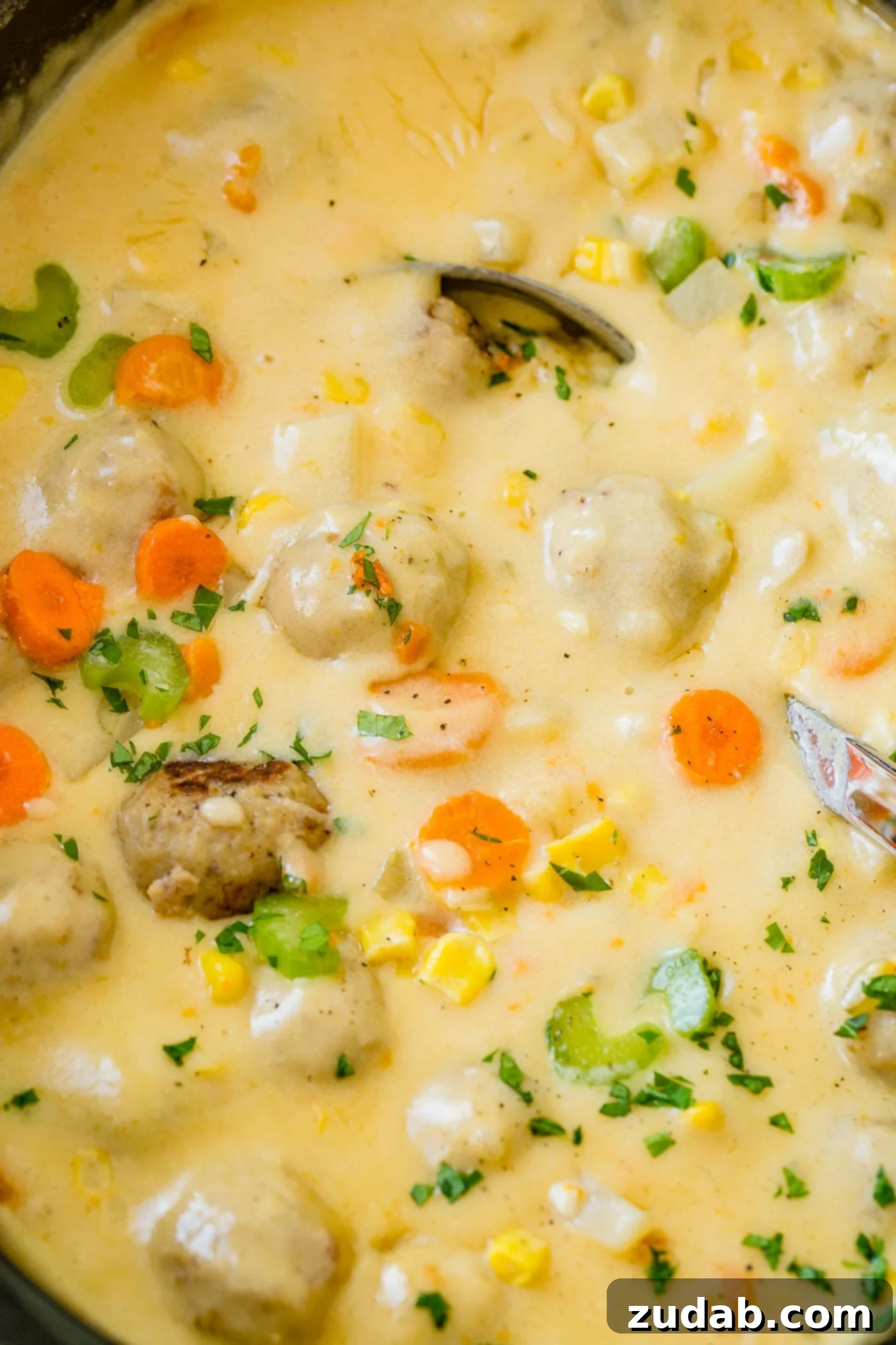 A vibrant close-up of cheesy, creamy meatball soup in a slow cooker, featuring clearly visible meatballs, carrots, potatoes, and celery.