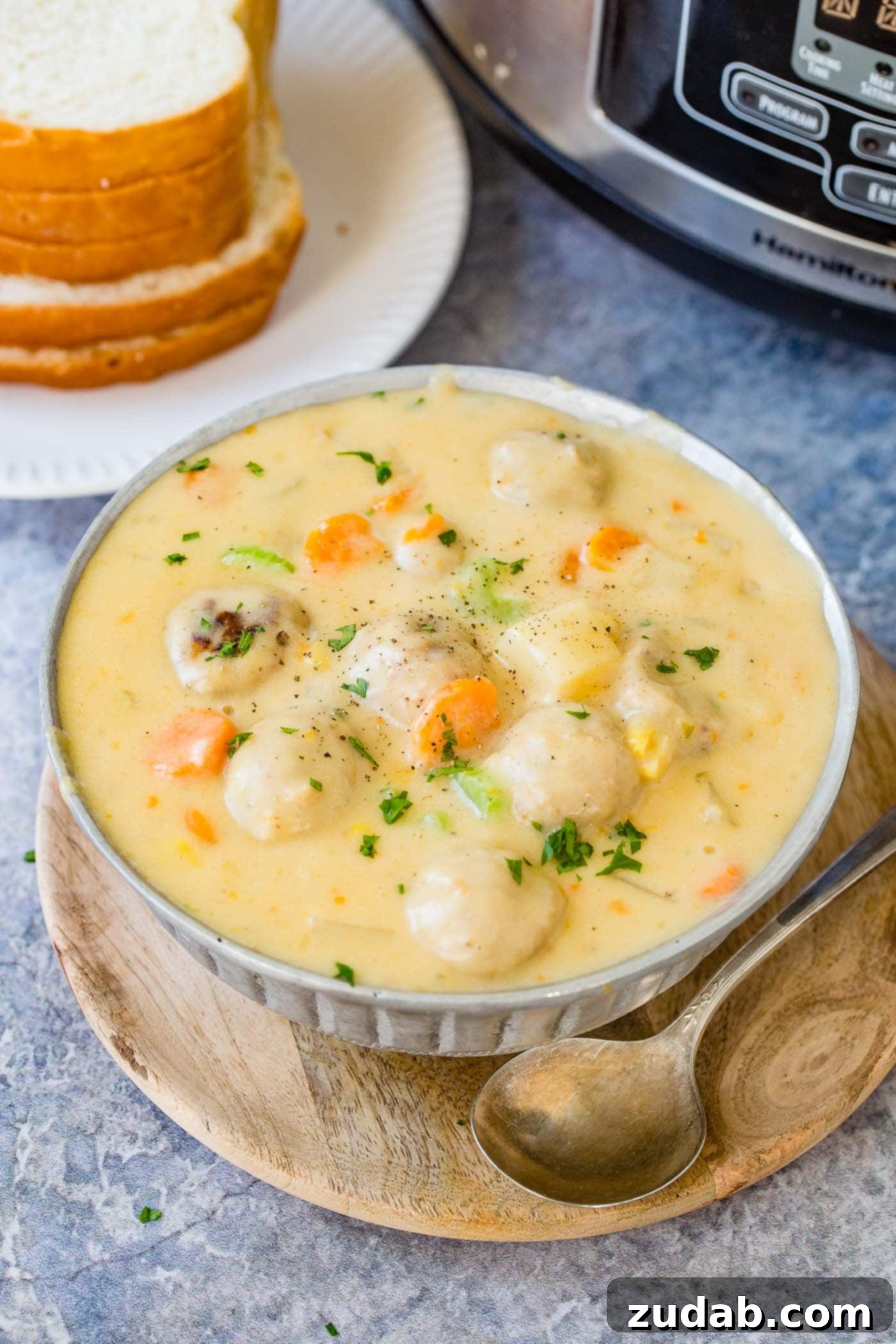 A heartwarming close-up of cheesy meatball soup in a metal bowl, garnished with fresh herbs, alongside rustic slices of white bread for dipping.